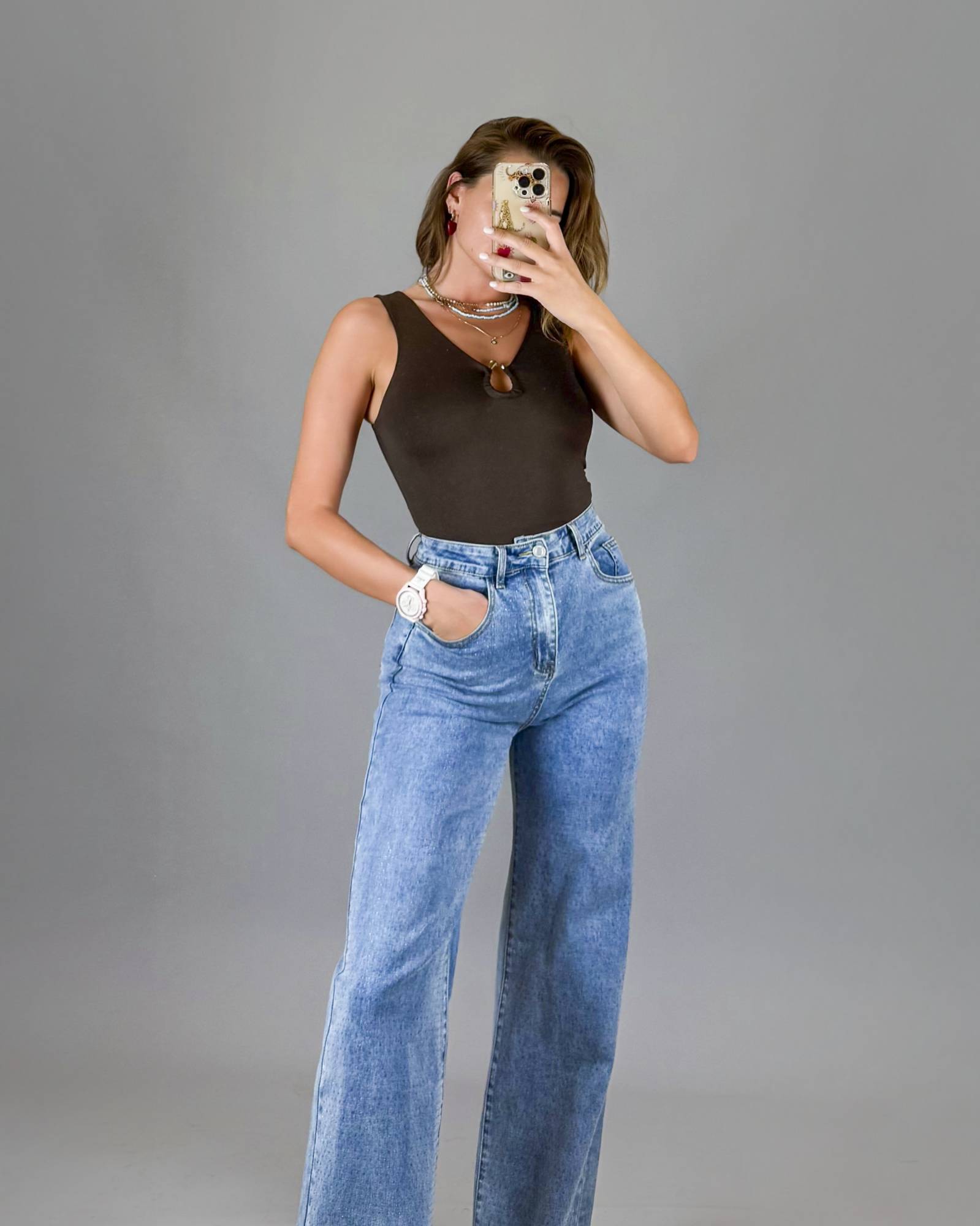 Bodysuit with Gold Ring Accent - Brown