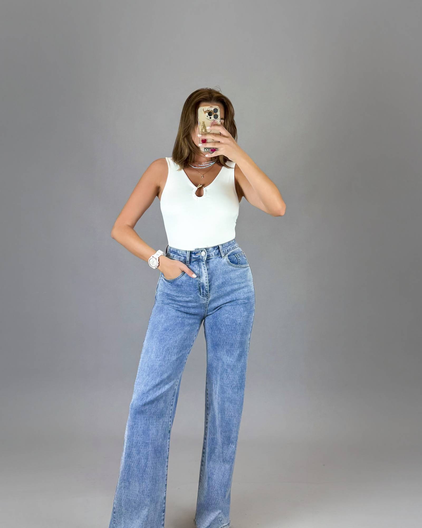 Bodysuit with Gold Ring Accent - White