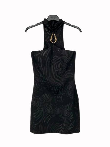 Patterned Choker Mini Dress - Black