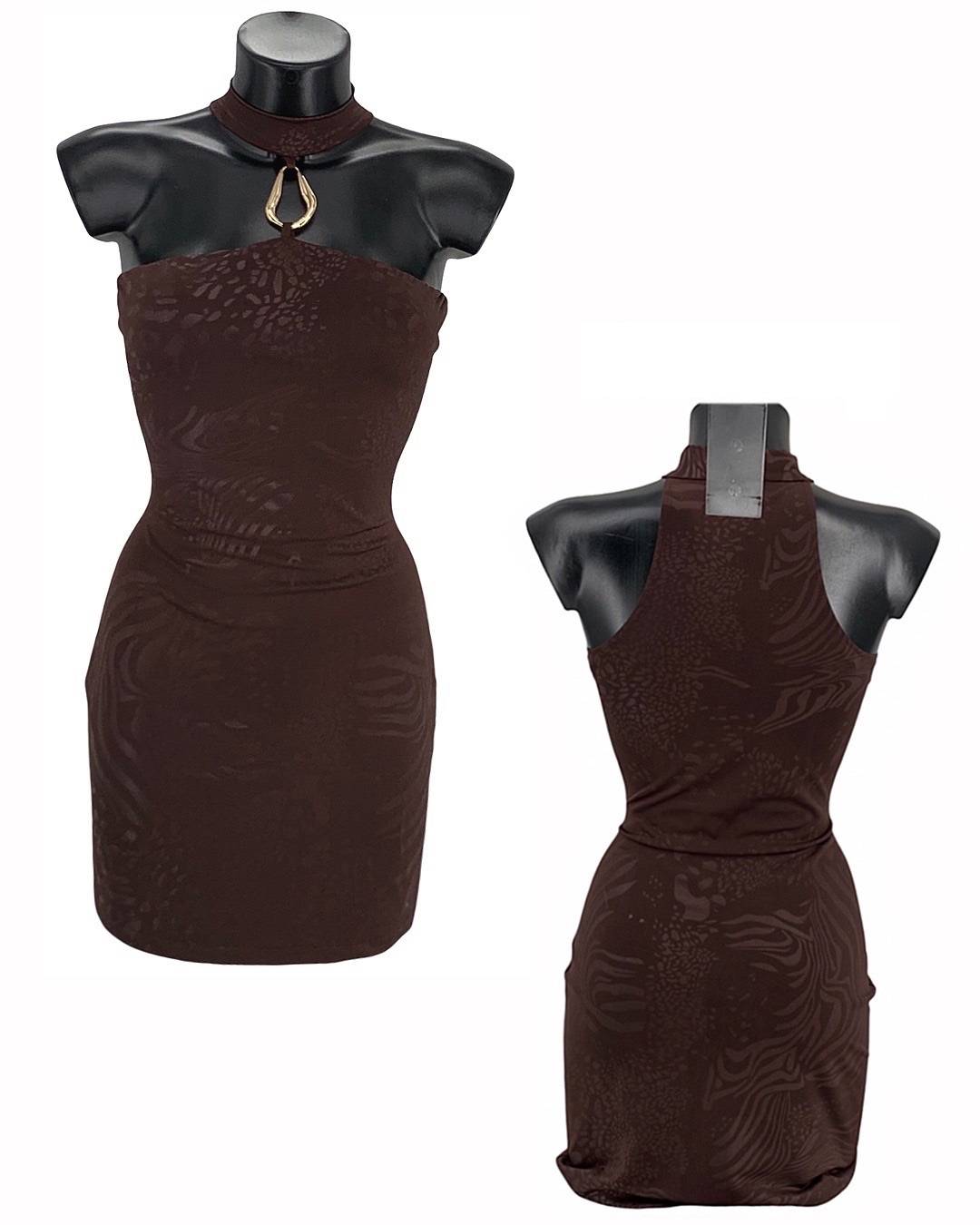 Patterned Choker Mini Dress - Brown
