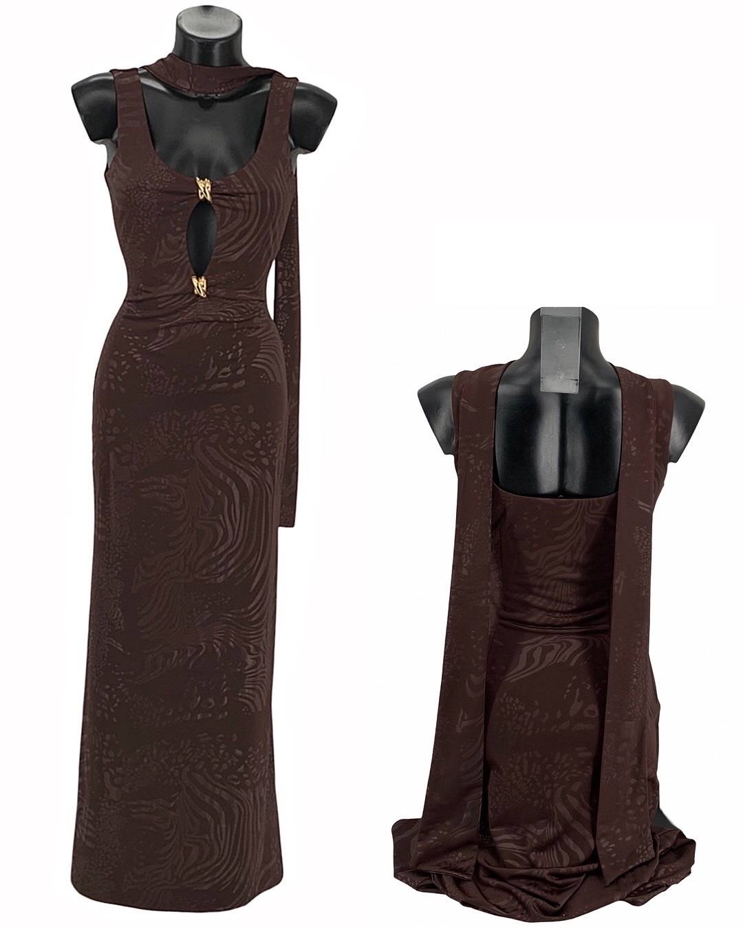 Patterned Maxi Dress with Gold Accent Detail - Brown