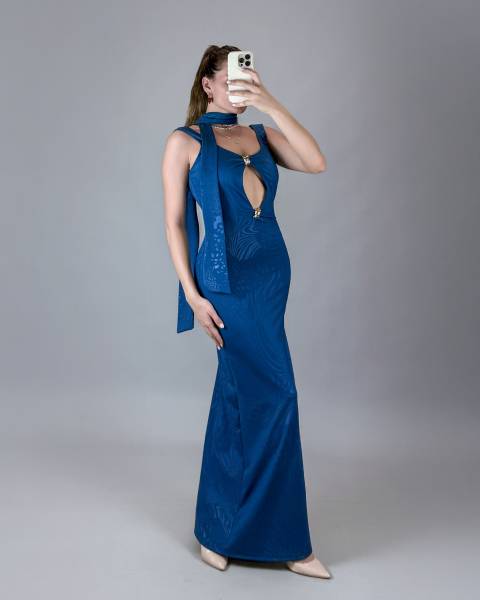 Patterned Maxi Dress with Gold Accent Detail - Petrol