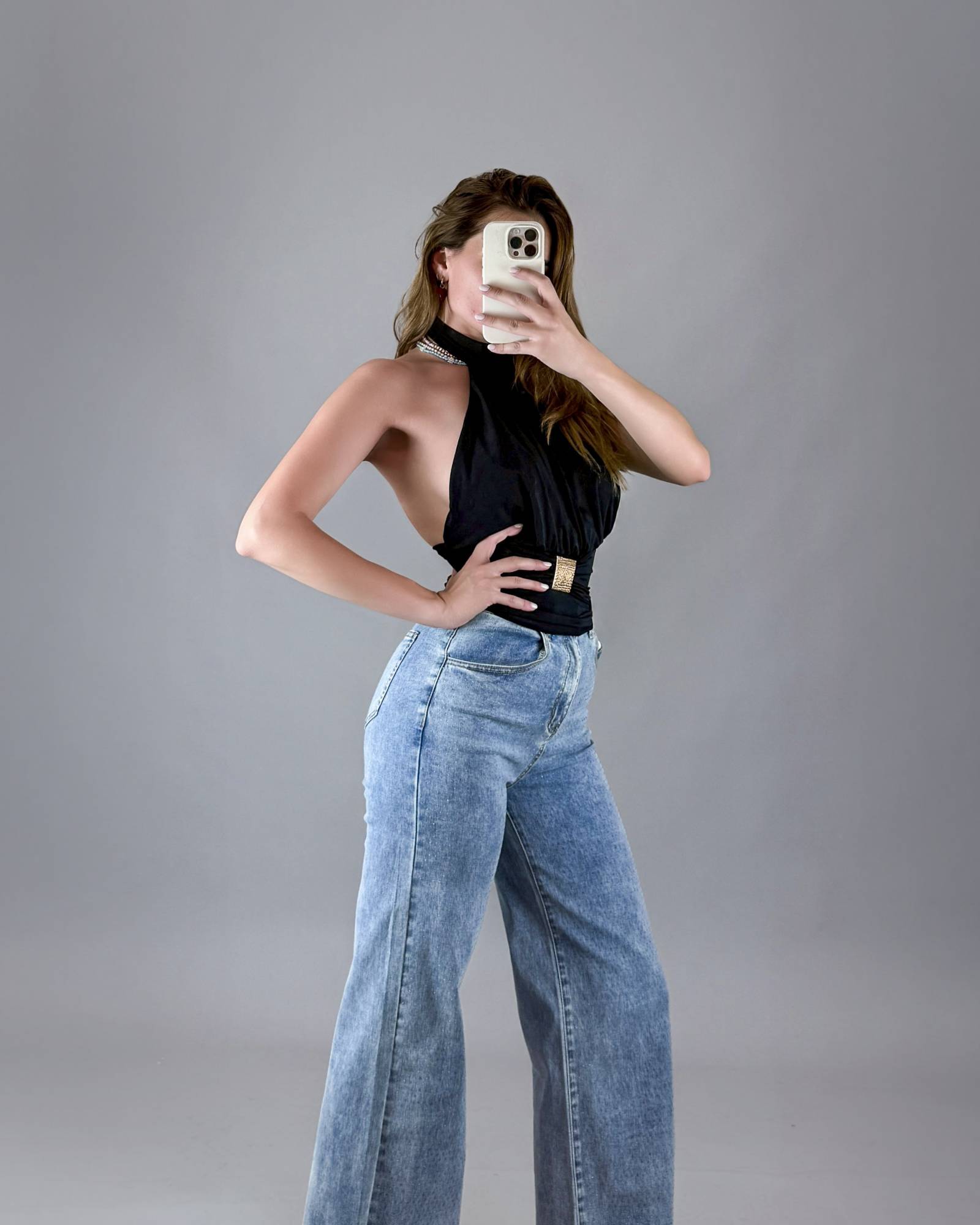 Halter Top with Gold Buckle Detail - Black