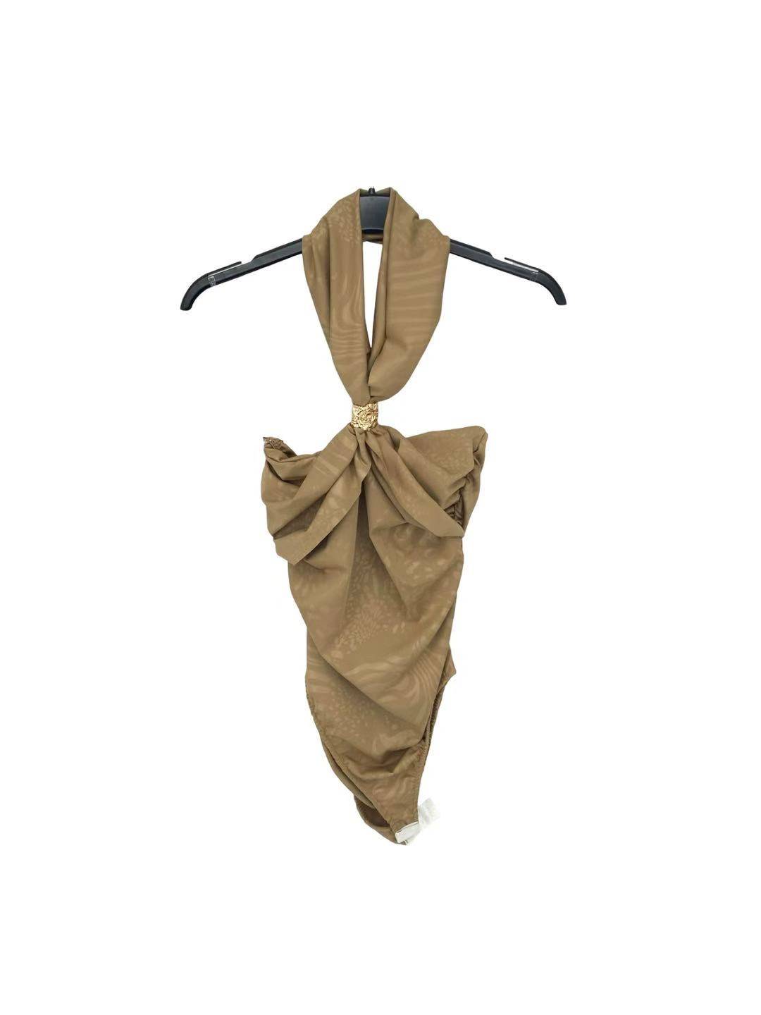Patterned Halter Neck Bodysuit - Beige