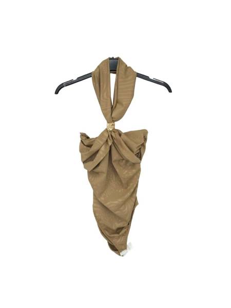 Patterned Halter Neck Bodysuit - Beige