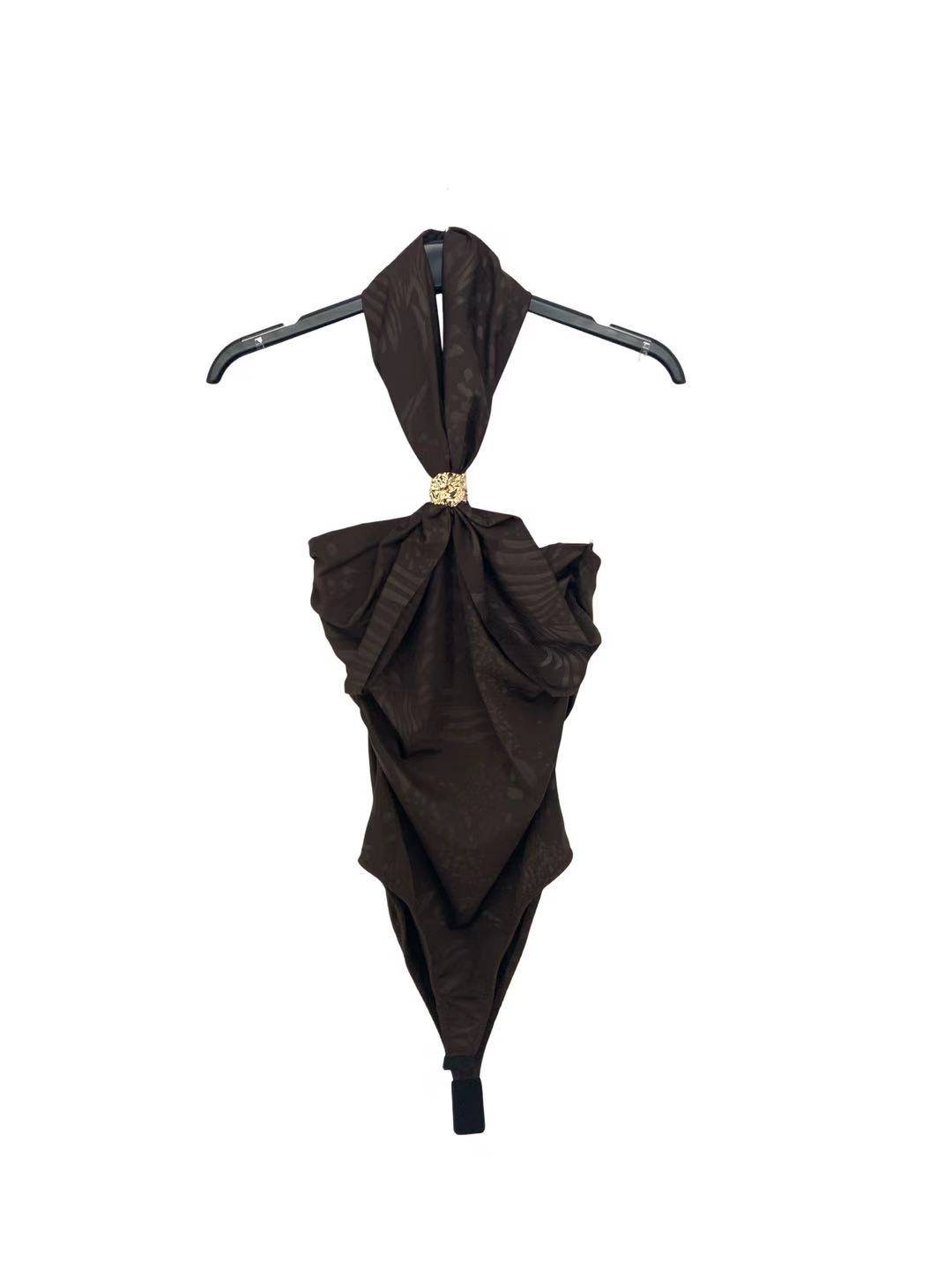 Patterned Halter Neck Bodysuit - Brown