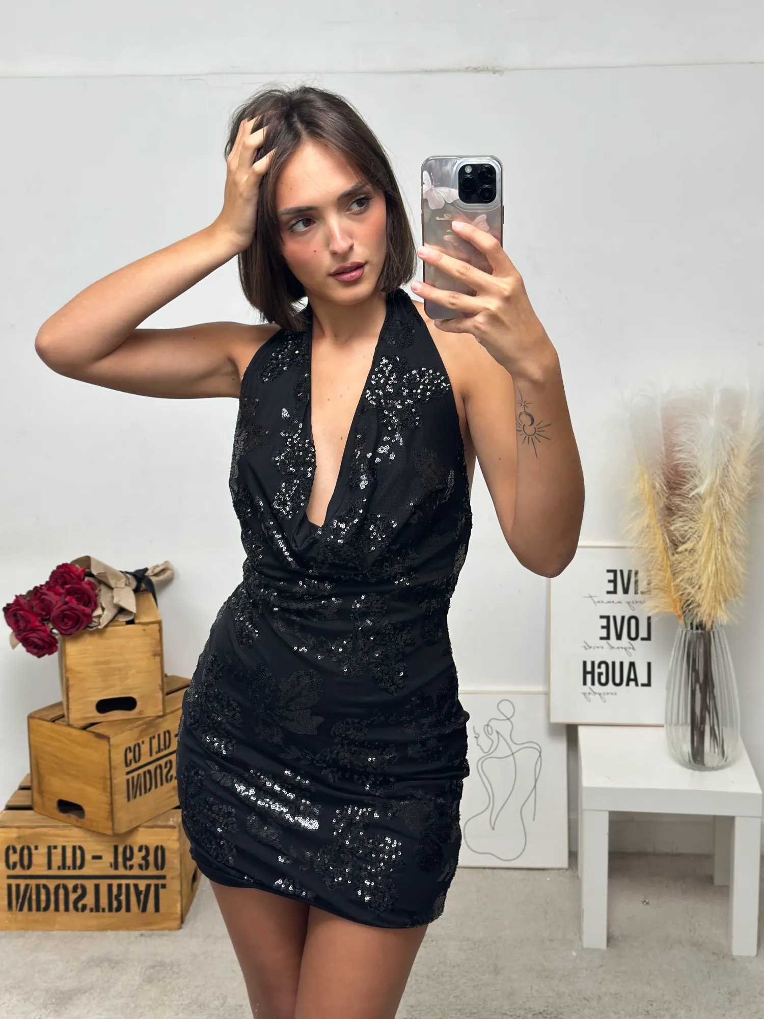 Sequin Short Dress with Open Back - Black