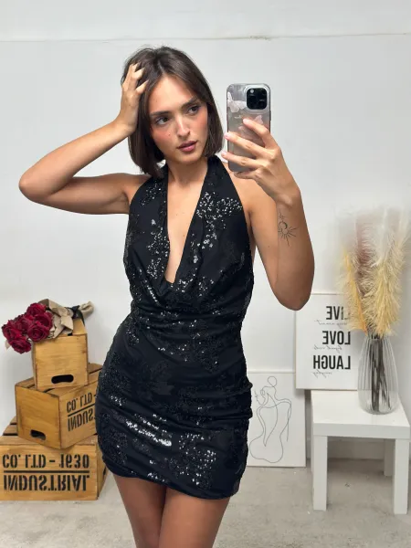 Sequin Short Dress with Open Back - Black