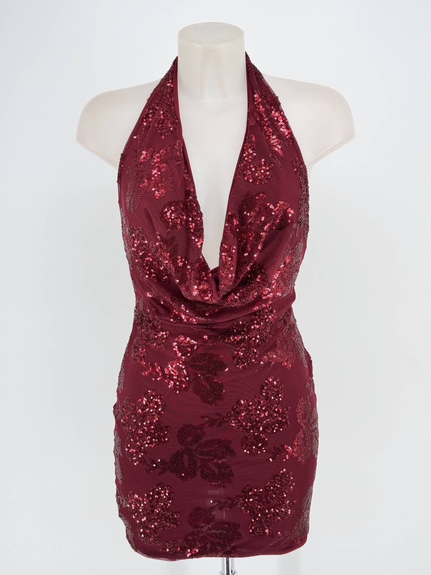 Sequin Short Dress with Open Back - Bordeaux