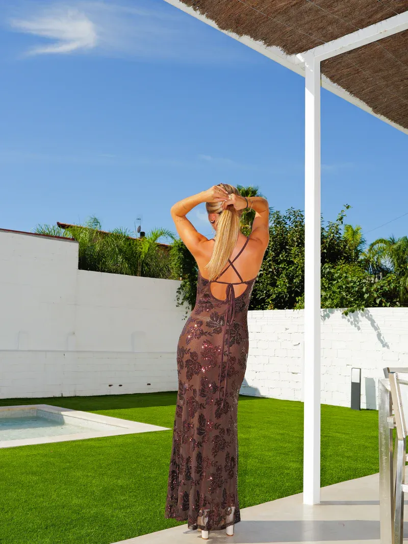 Sequin Maxi Dress with Open Back Design - Brown