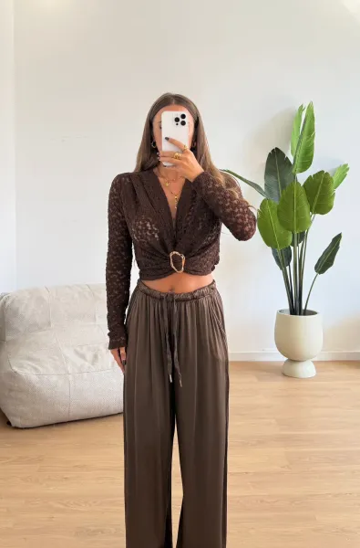 Lace Long-Sleeve Top with Gold Accent Detail - Brown