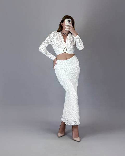 Lace Long-Sleeve Top with Gold Accent Detail - White