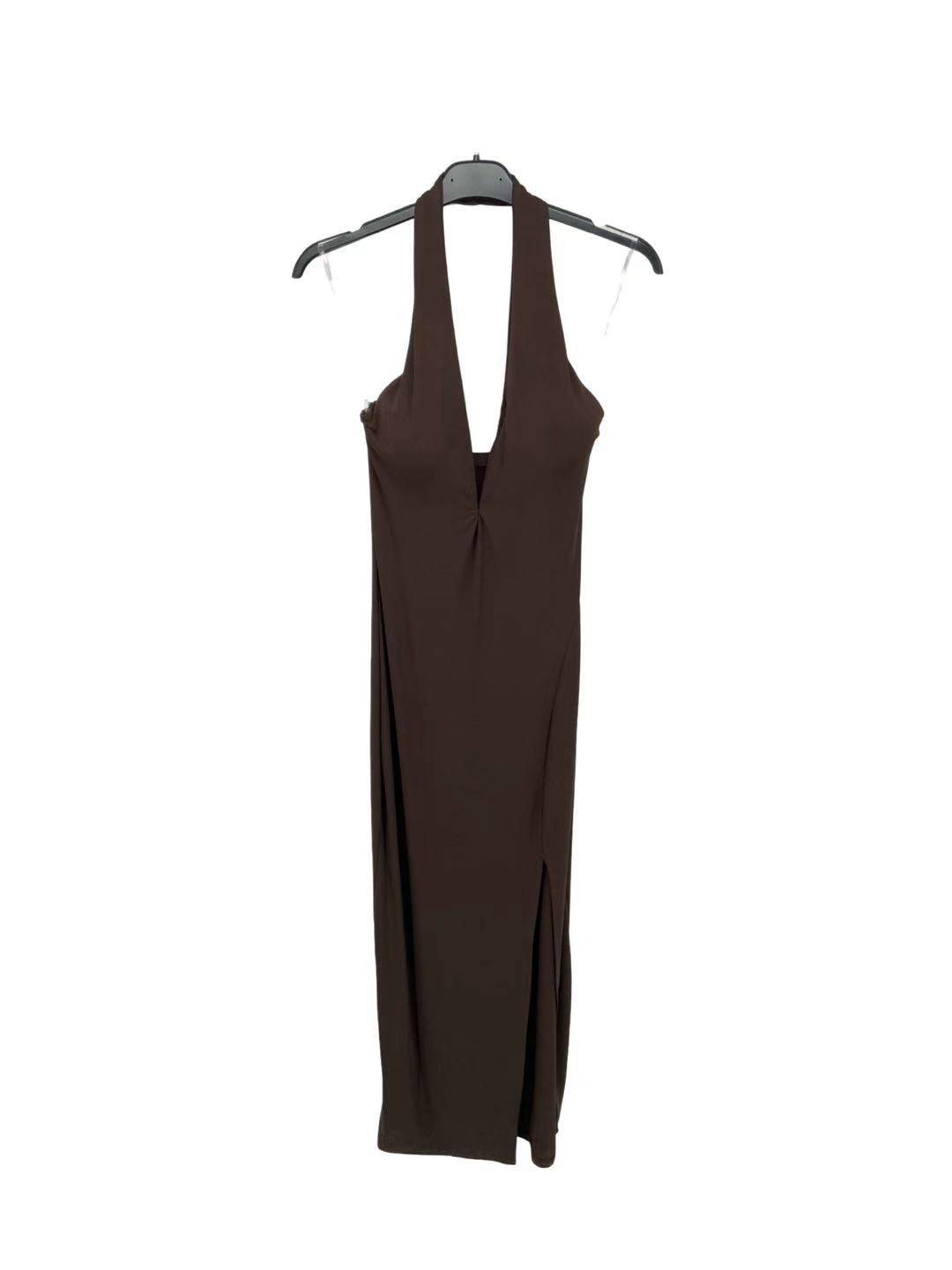 Halter Maxi Dress with Side Slit - Brown