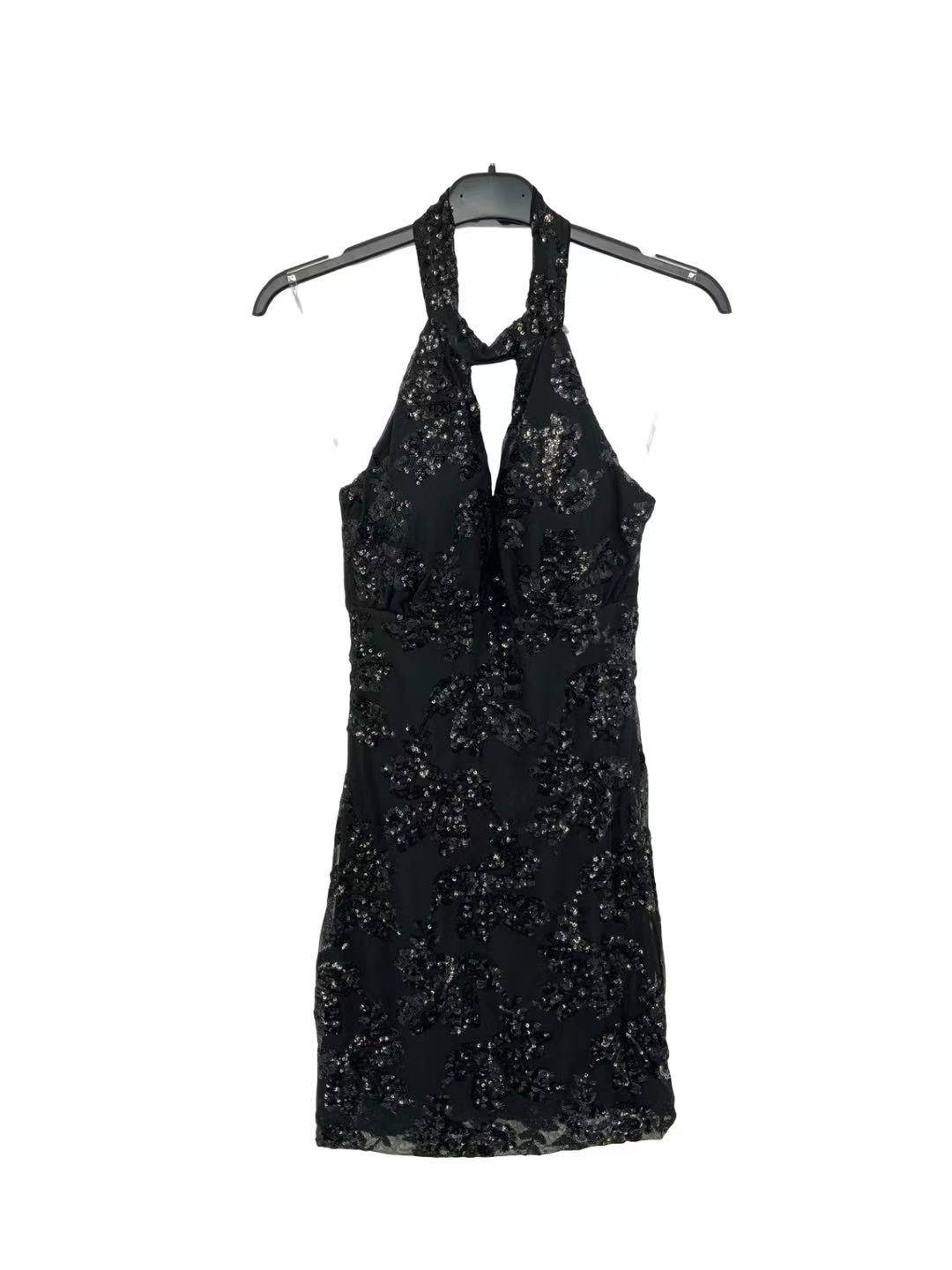 Sequin Halter Dress with Open Back - Black