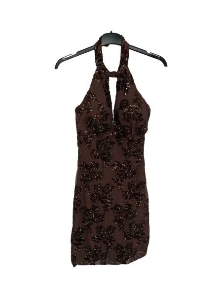 Sequin Halter Dress with Open Back - Brown