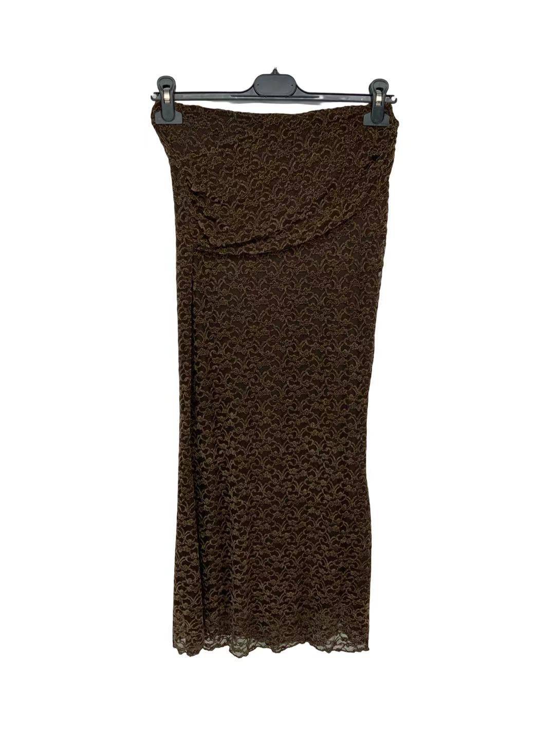 Lace Maxi Skirt with Ruched Waist - Brown