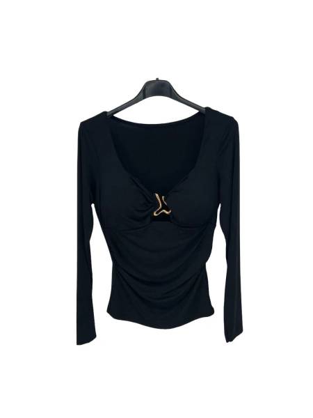 Long-Sleeve Ruched Top with Gold Accent - Black