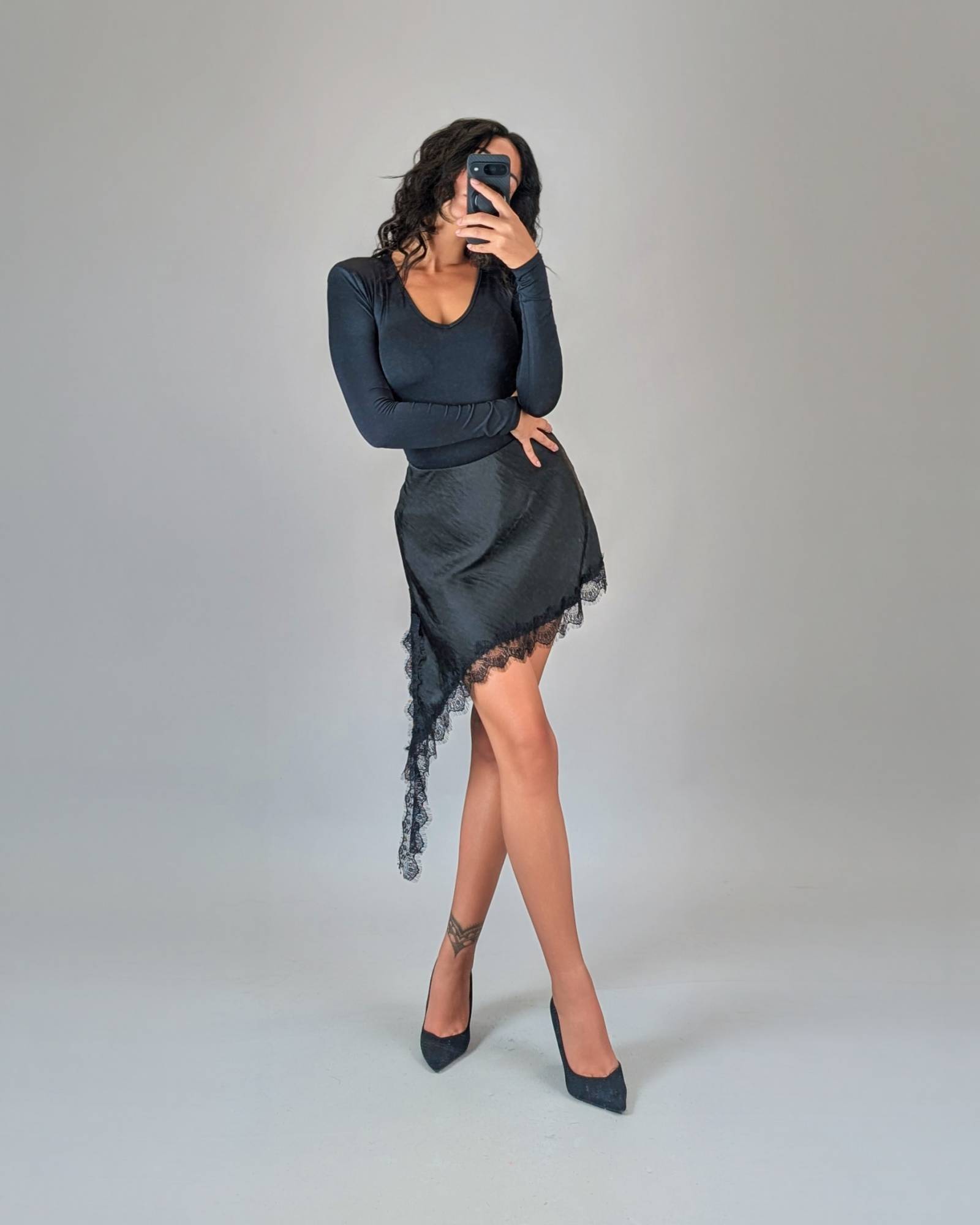 Asymmetrical Lace-Trim Skirt - Black