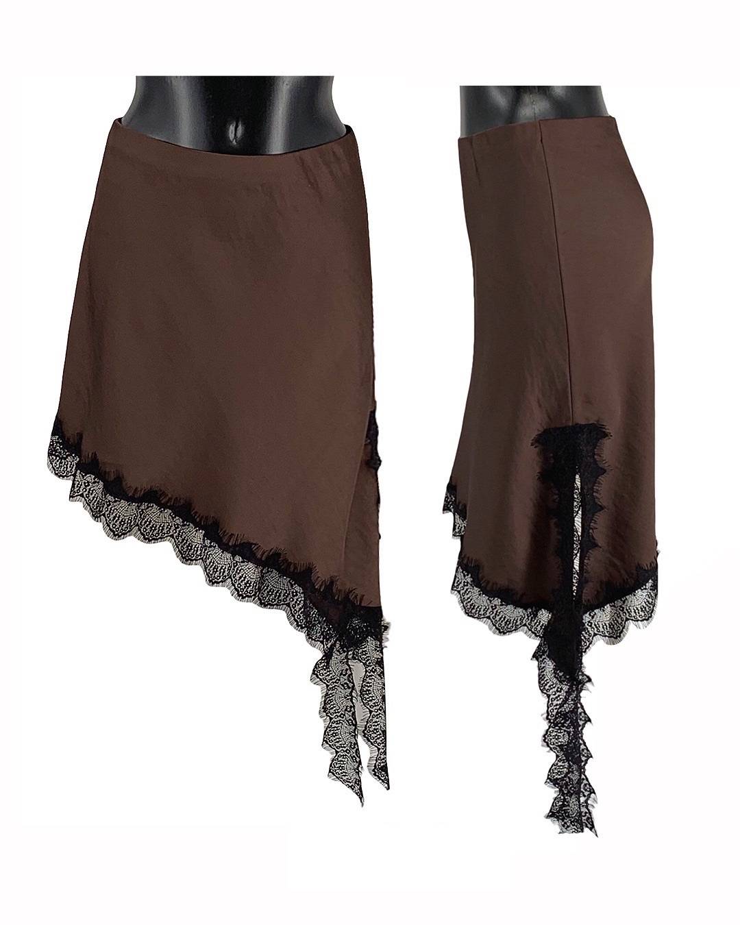 Asymmetrical Lace-Trim Skirt - Brown