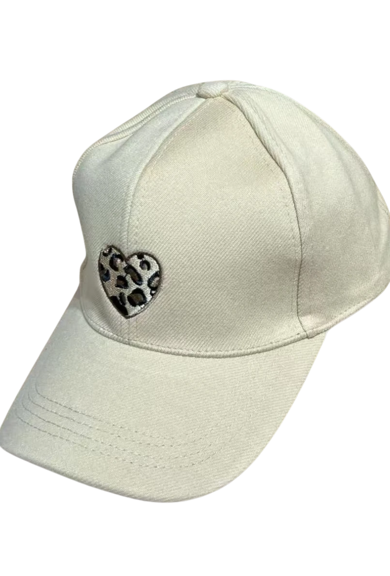 Leopard Heart Embroidered Cap - Beige