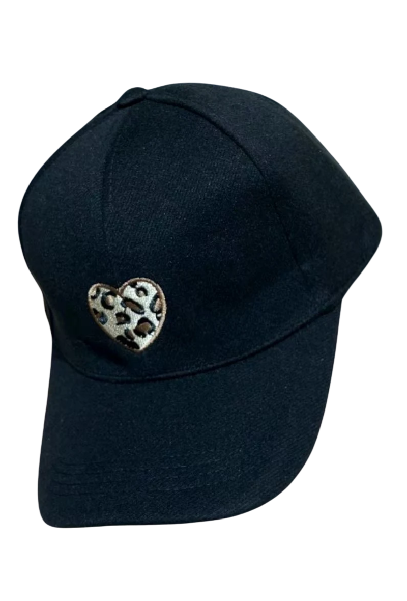 Leopard Heart Embroidered Cap - Black