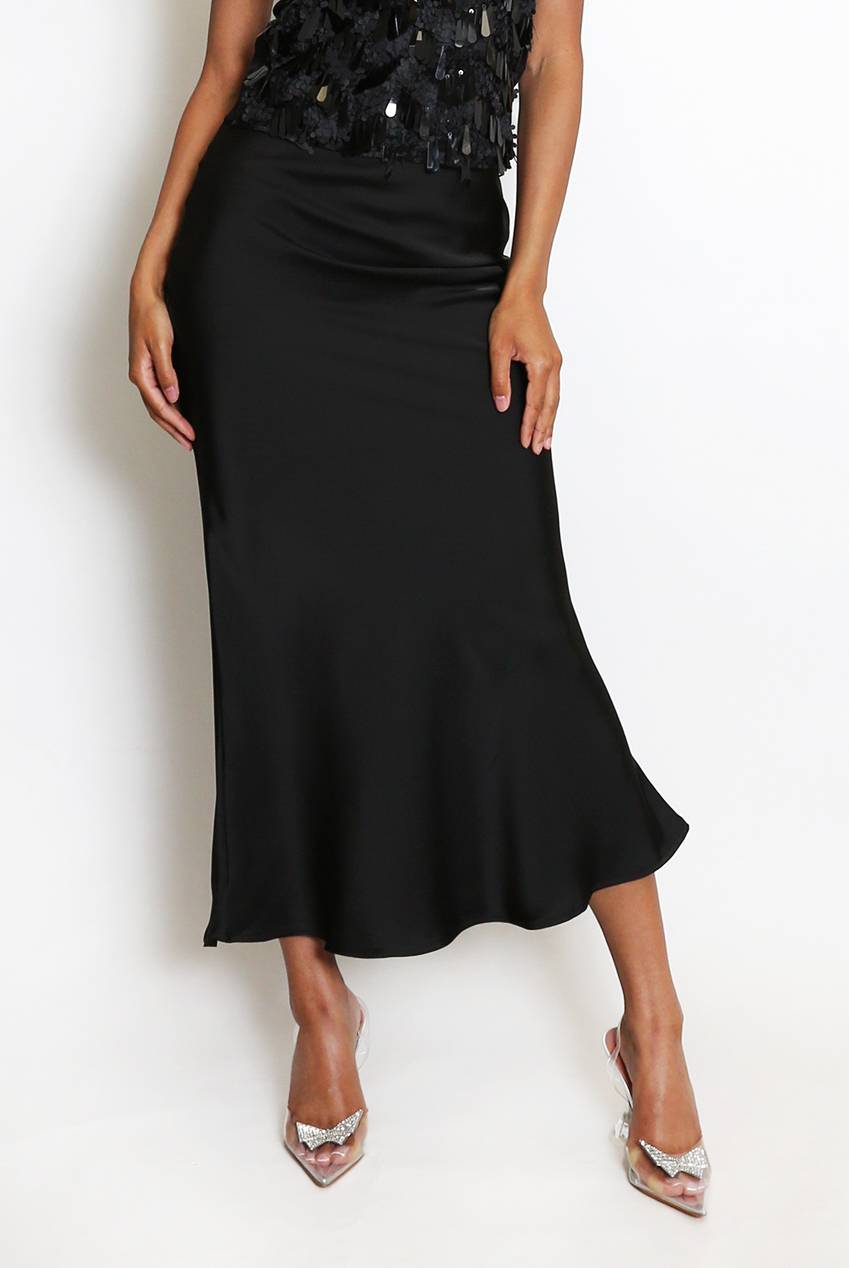 Satin Bias Cut Flowing Maxi Skirt - Black