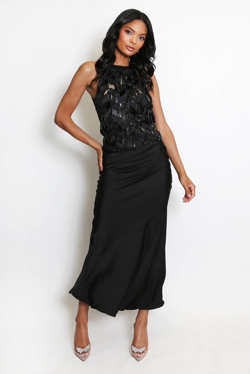 Satin Bias Cut Flowing Maxi Skirt - Black