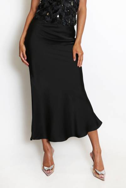 Satin Bias Cut Flowing Maxi Skirt - Black