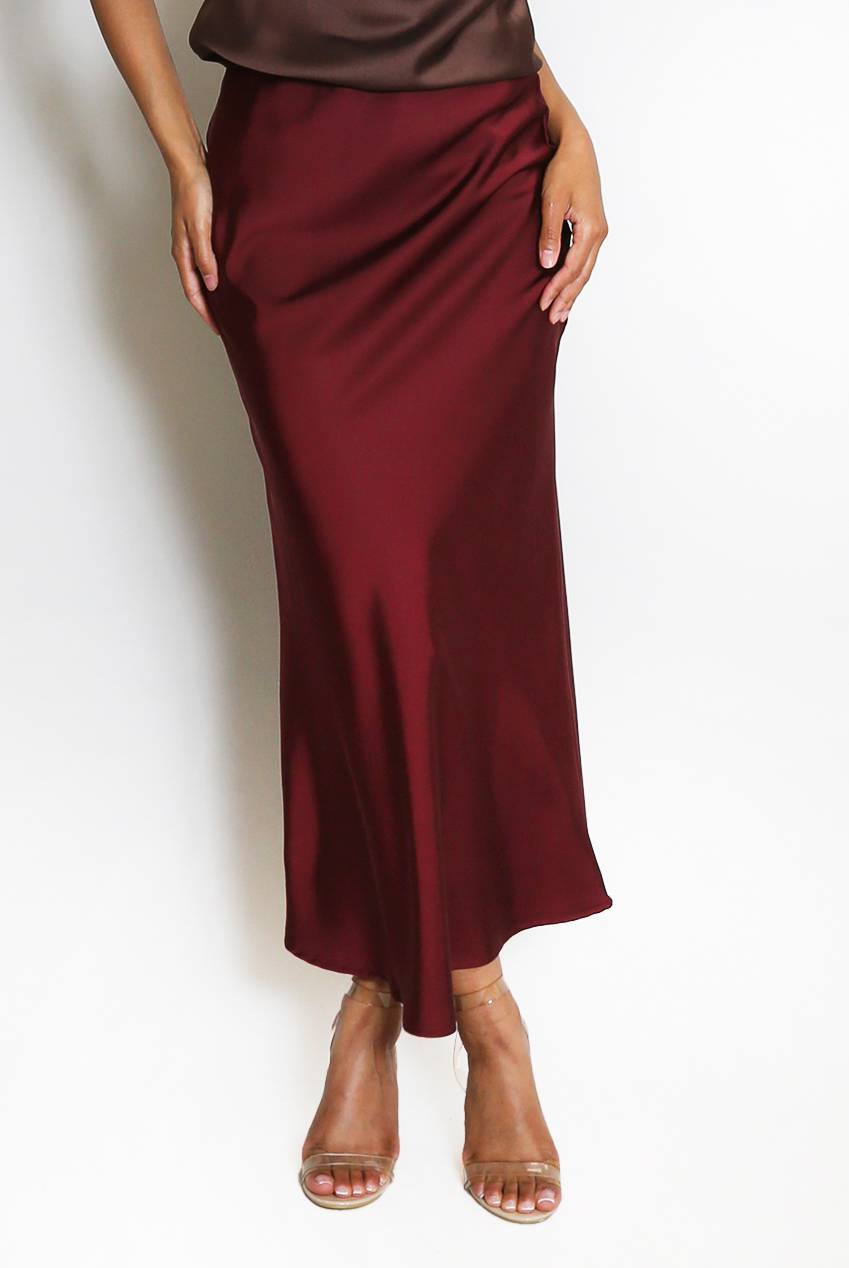 Satin Bias Cut Flowing Maxi Skirt - Bordeaux