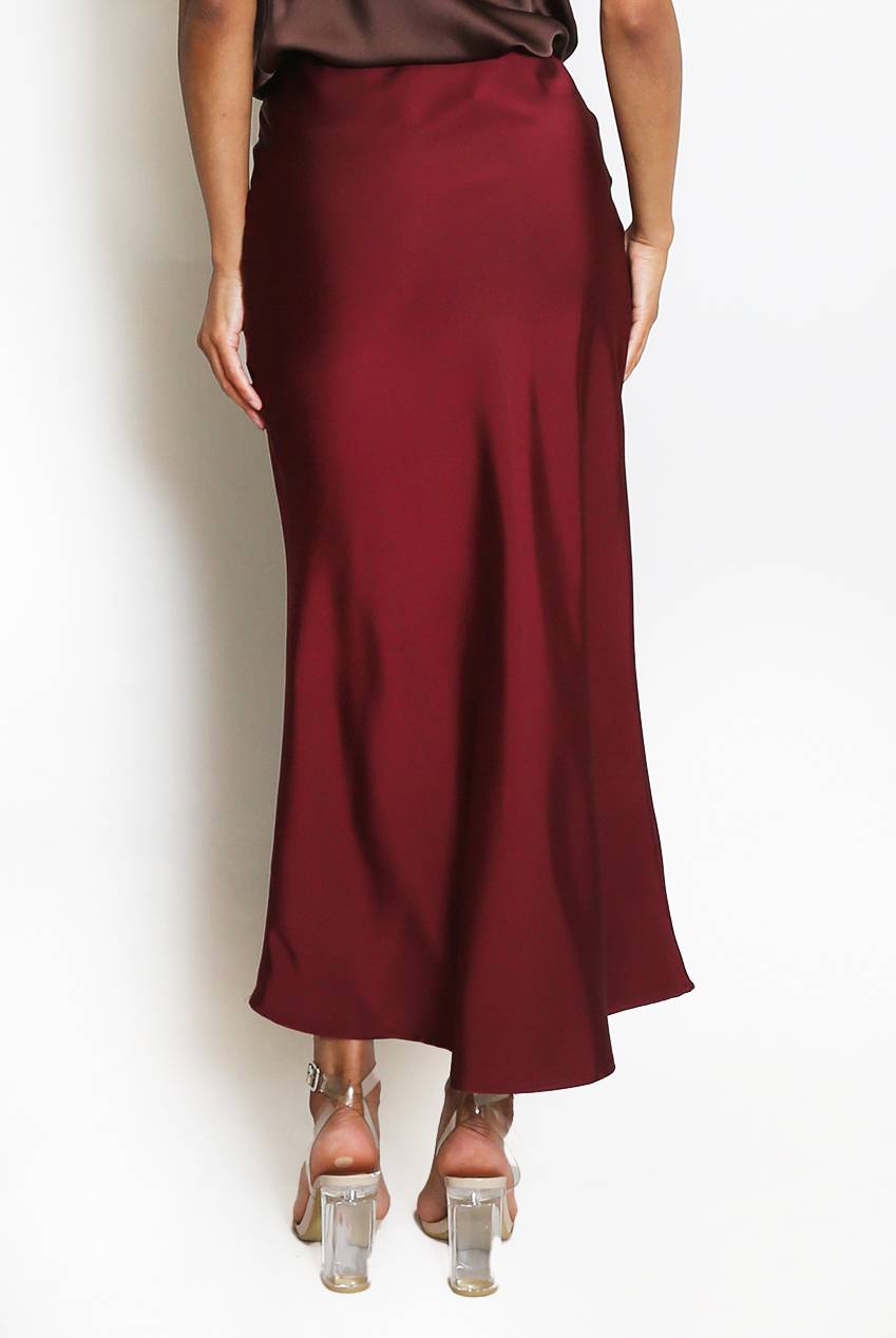 Satin Bias Cut Flowing Maxi Skirt - Bordeaux