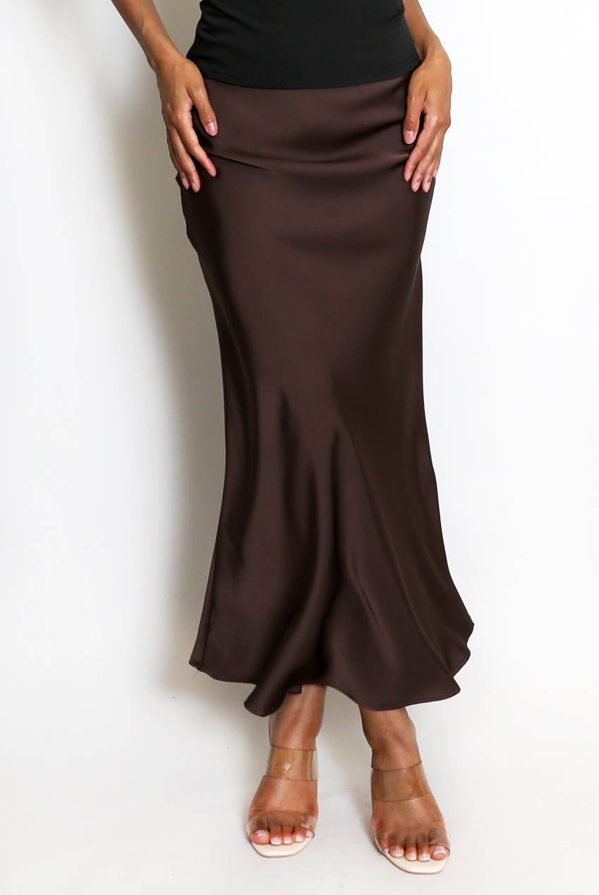 Satin Bias Cut Flowing Maxi Skirt - Brown