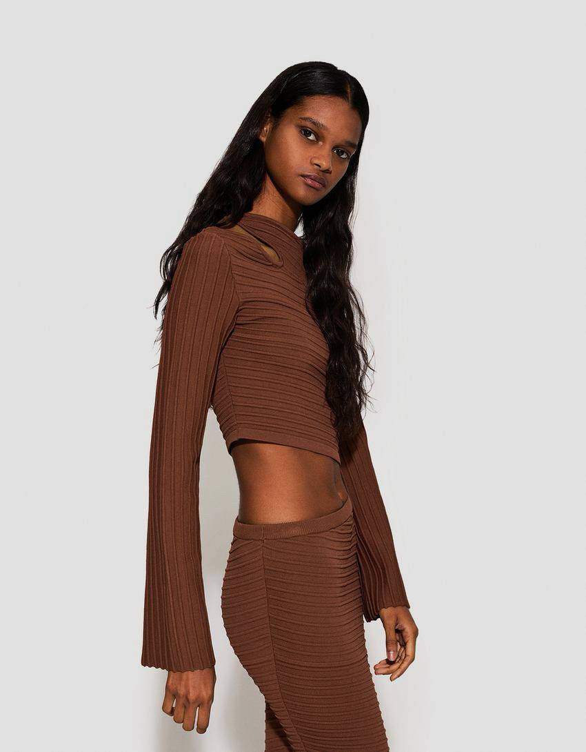 Textured Knit Sweater - Brown