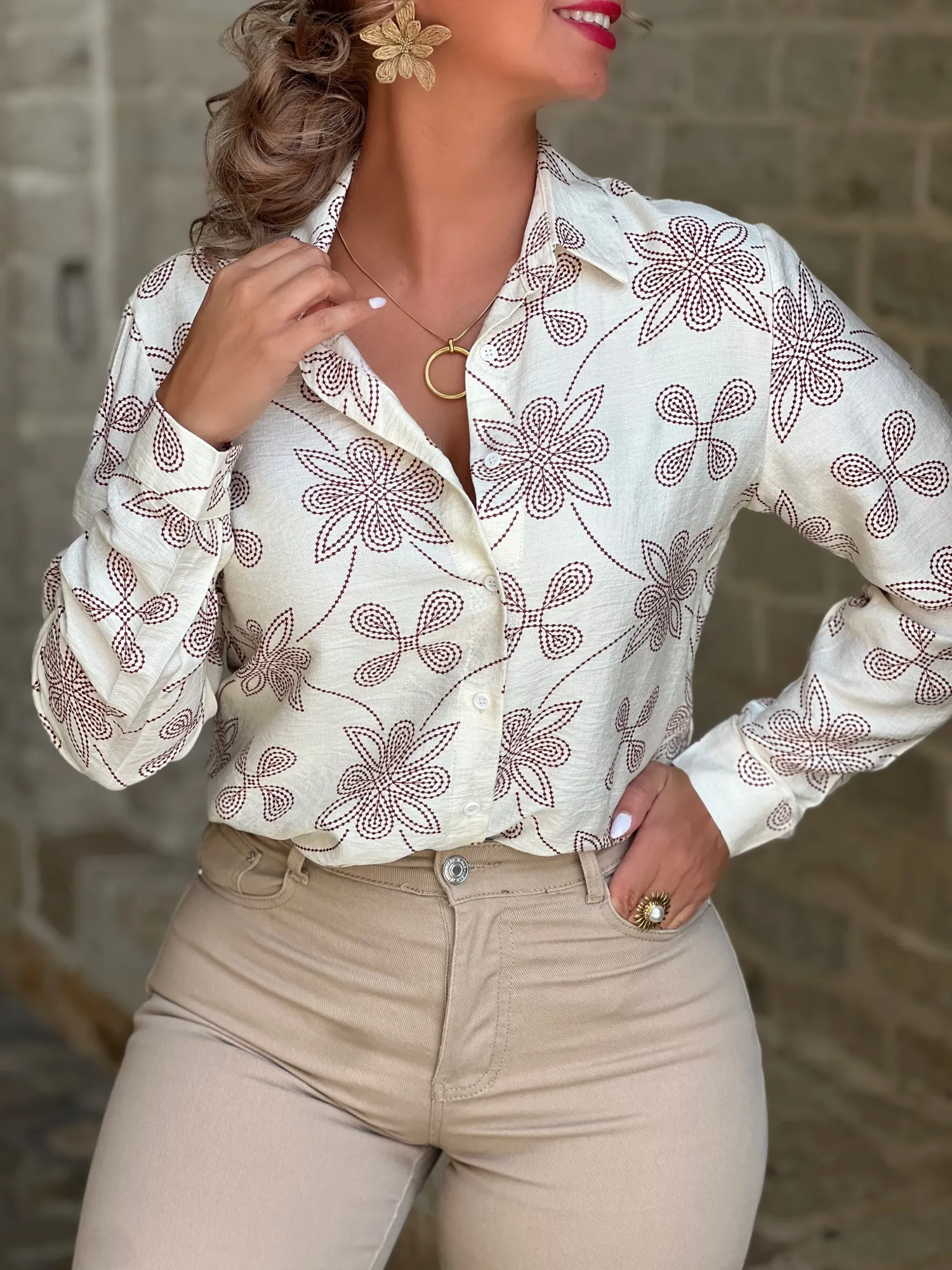 Embroidered Shirt - Beige