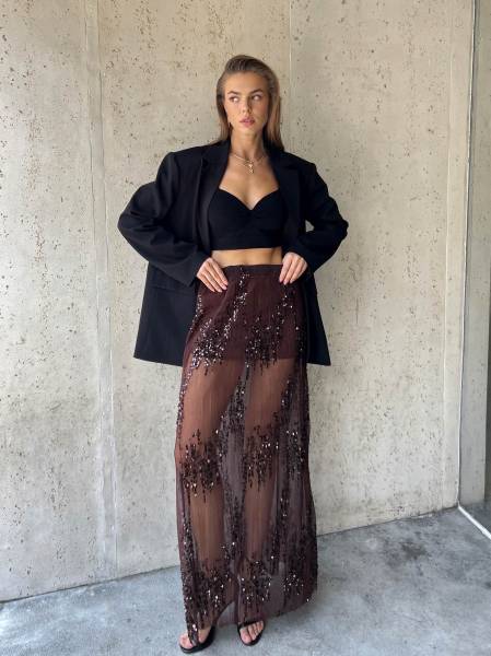 Semi Transparent Sequin Skirt - Brown
