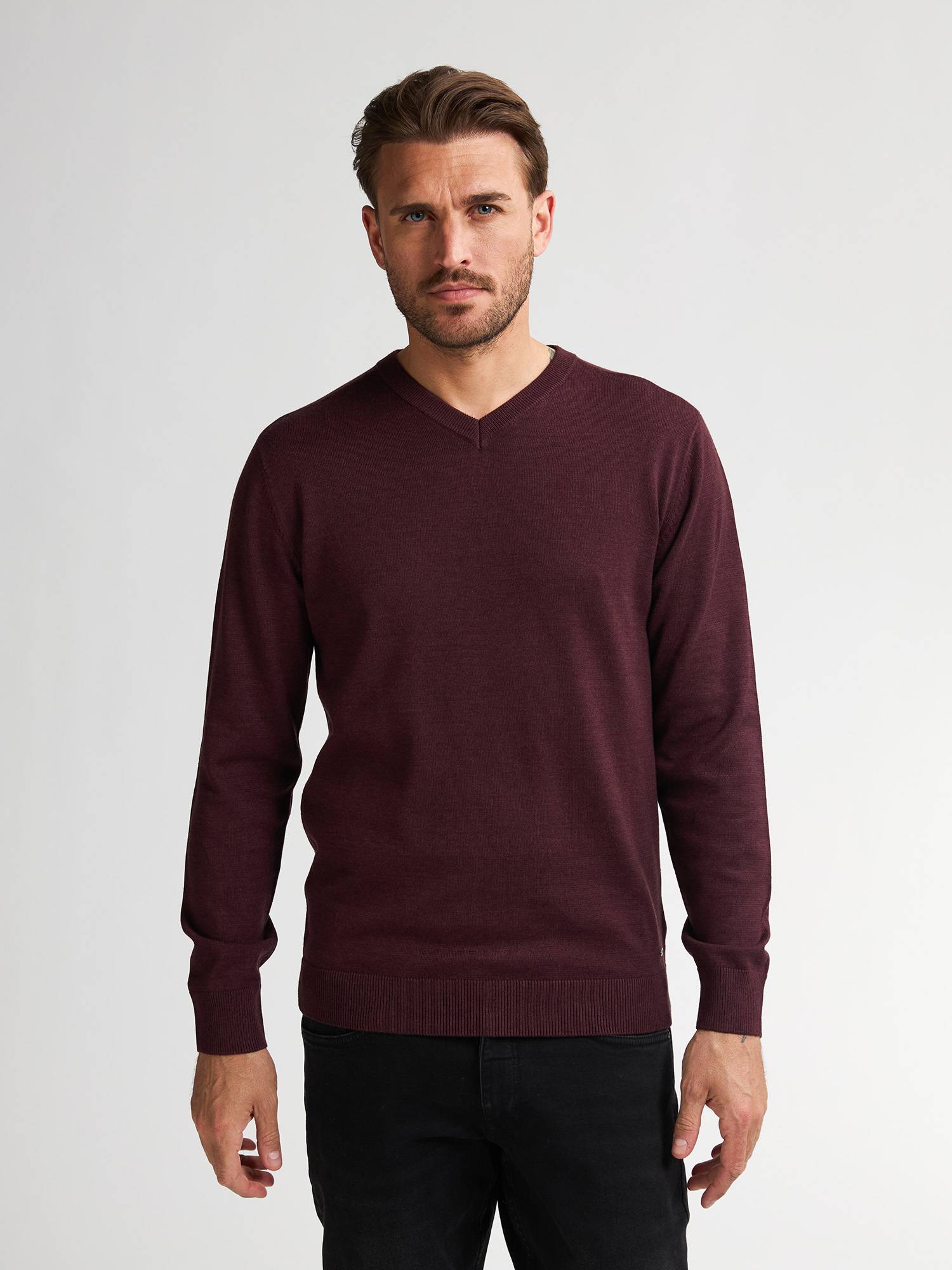 Petrol Fine-knit V-neck Sweater Whitefish - Bordeaux