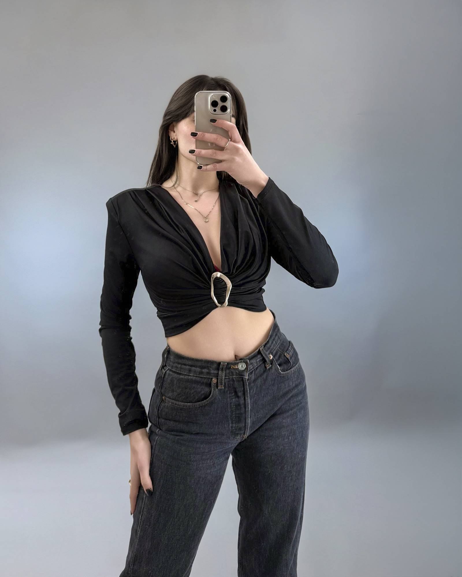 Draped Long Sleeve Crop Top with Gold Ring Detail - Black