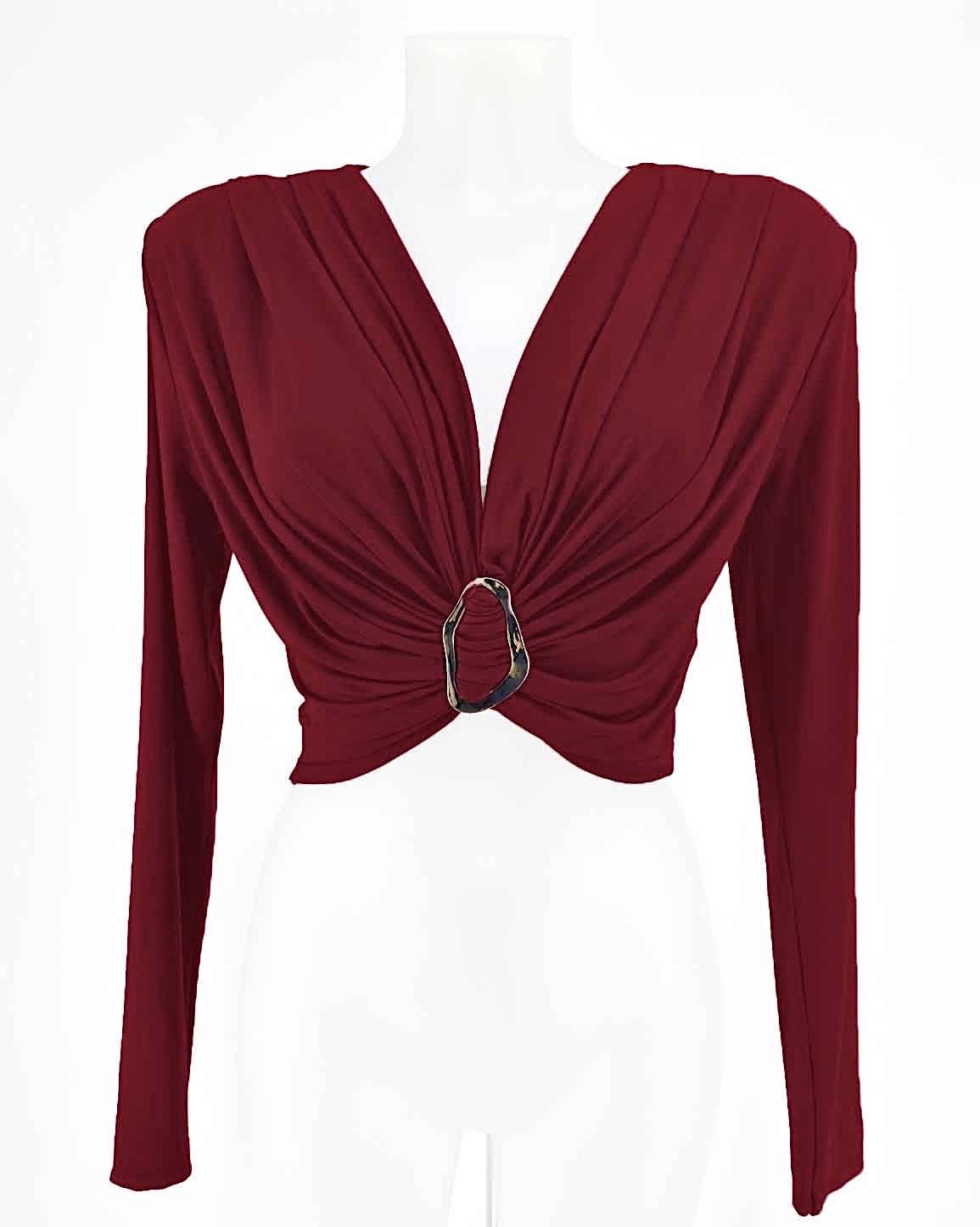 Draped Long Sleeve Crop Top with Gold Ring Detail - Bordeaux