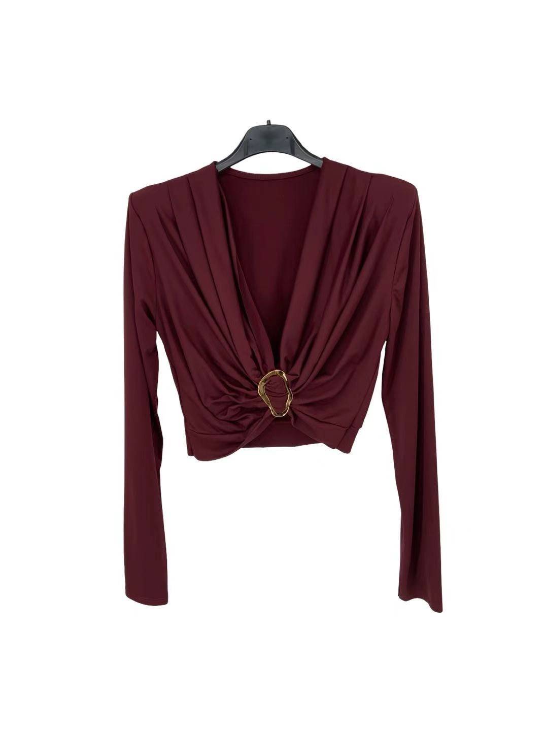 Draped Long Sleeve Crop Top with Gold Ring Detail - Bordeaux