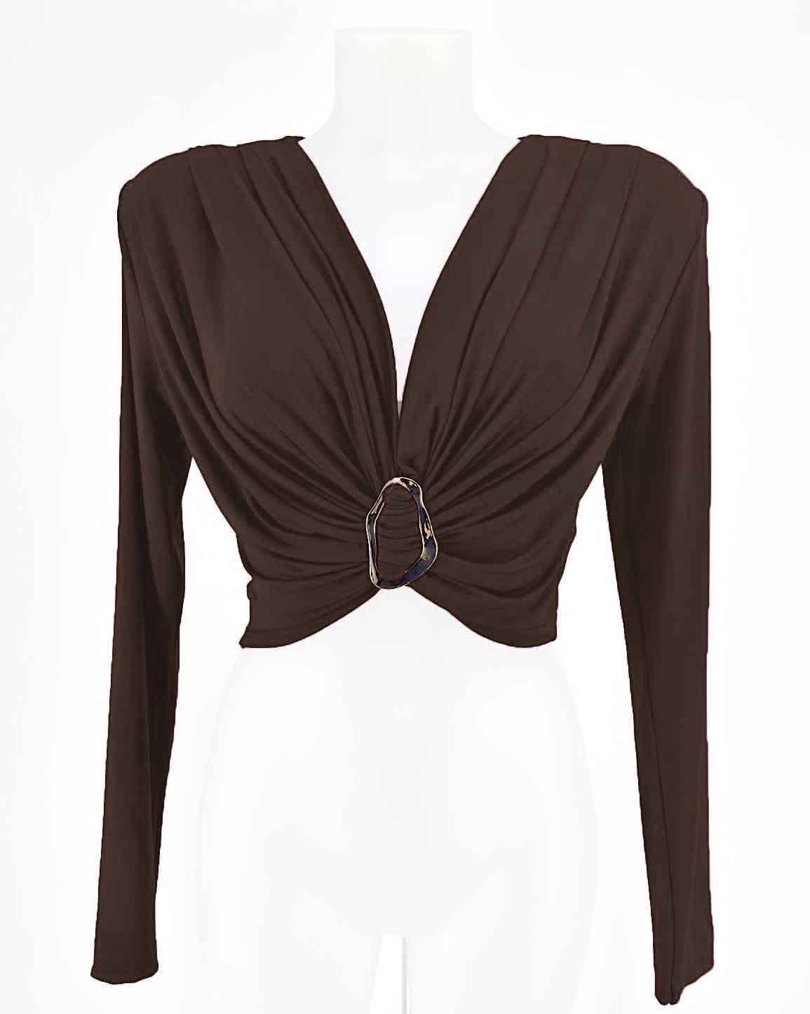 Draped Long Sleeve Crop Top with Gold Ring Detail - Brown