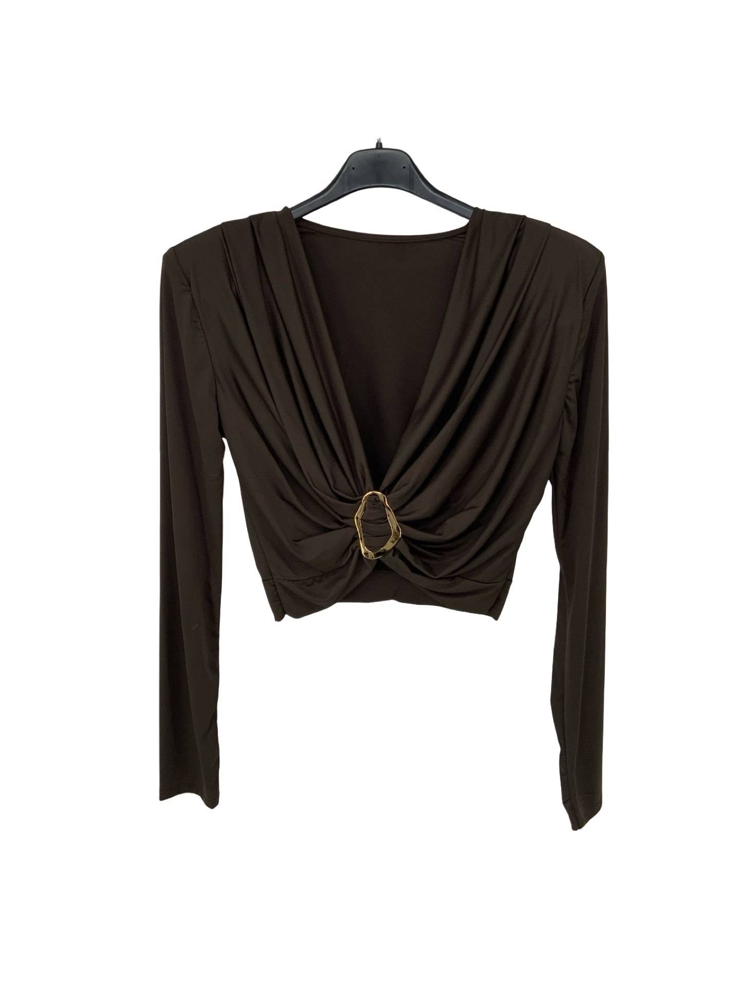 Draped Long Sleeve Crop Top with Gold Ring Detail - Brown