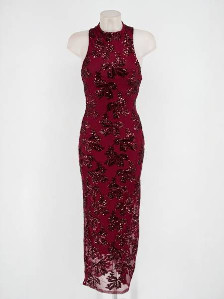 Sequin High Neck Midi Dress - Bordeaux