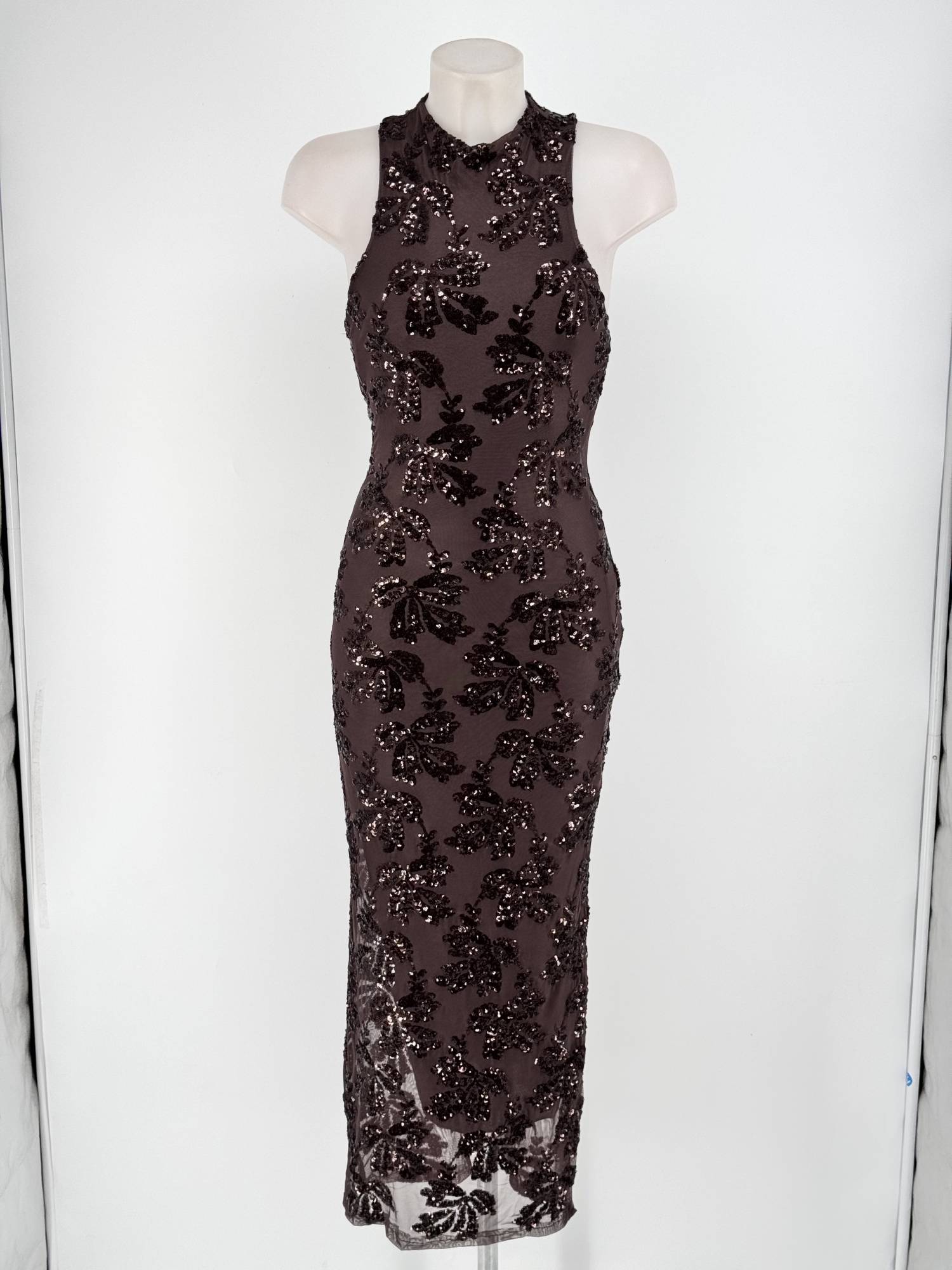 Sequin High Neck Midi Dress - Brown