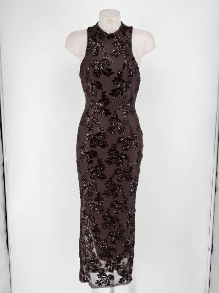 Sequin High Neck Midi Dress - Brown