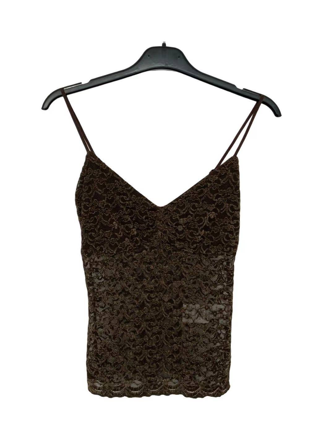 Lace Spaghetti Strap Top - Brown