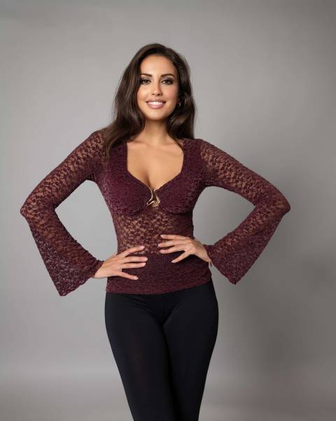 Lace Long Sleeve Top with Gold Detail - Bordeaux