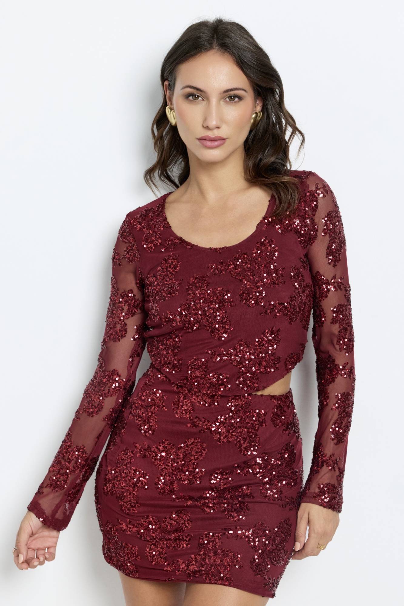Sequin Long Sleeve Top - Bordeaux