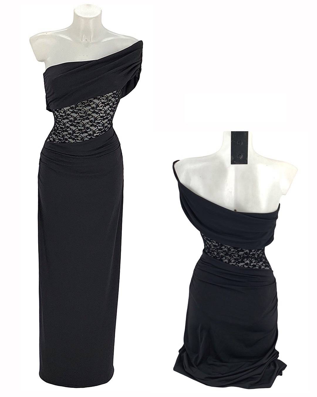 One-Shoulder Maxi Dress with Lace Waist Detail - Black