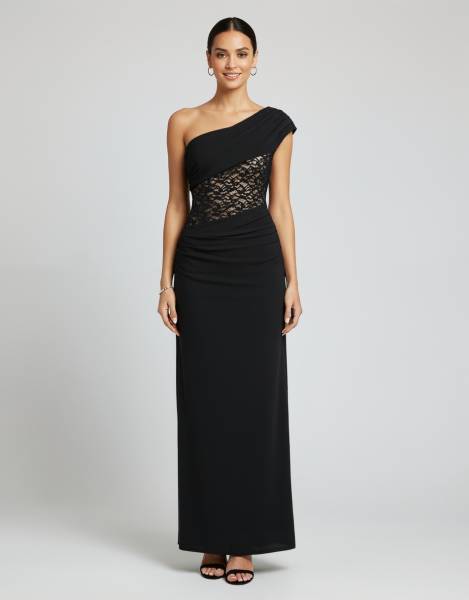 One-Shoulder Maxi Dress with Lace Waist Detail - Black