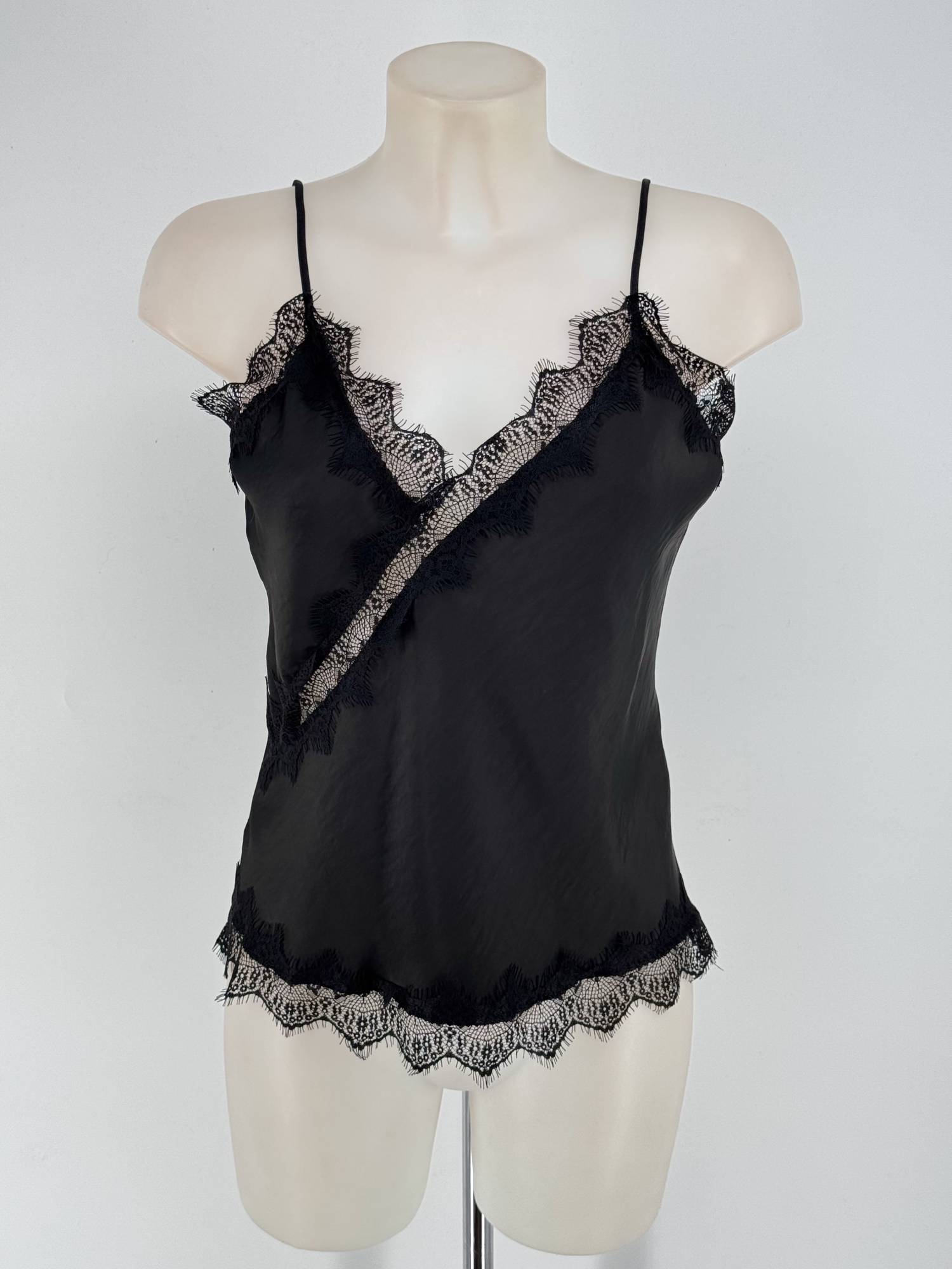 Satin Lace Trim Cami Top - Black
