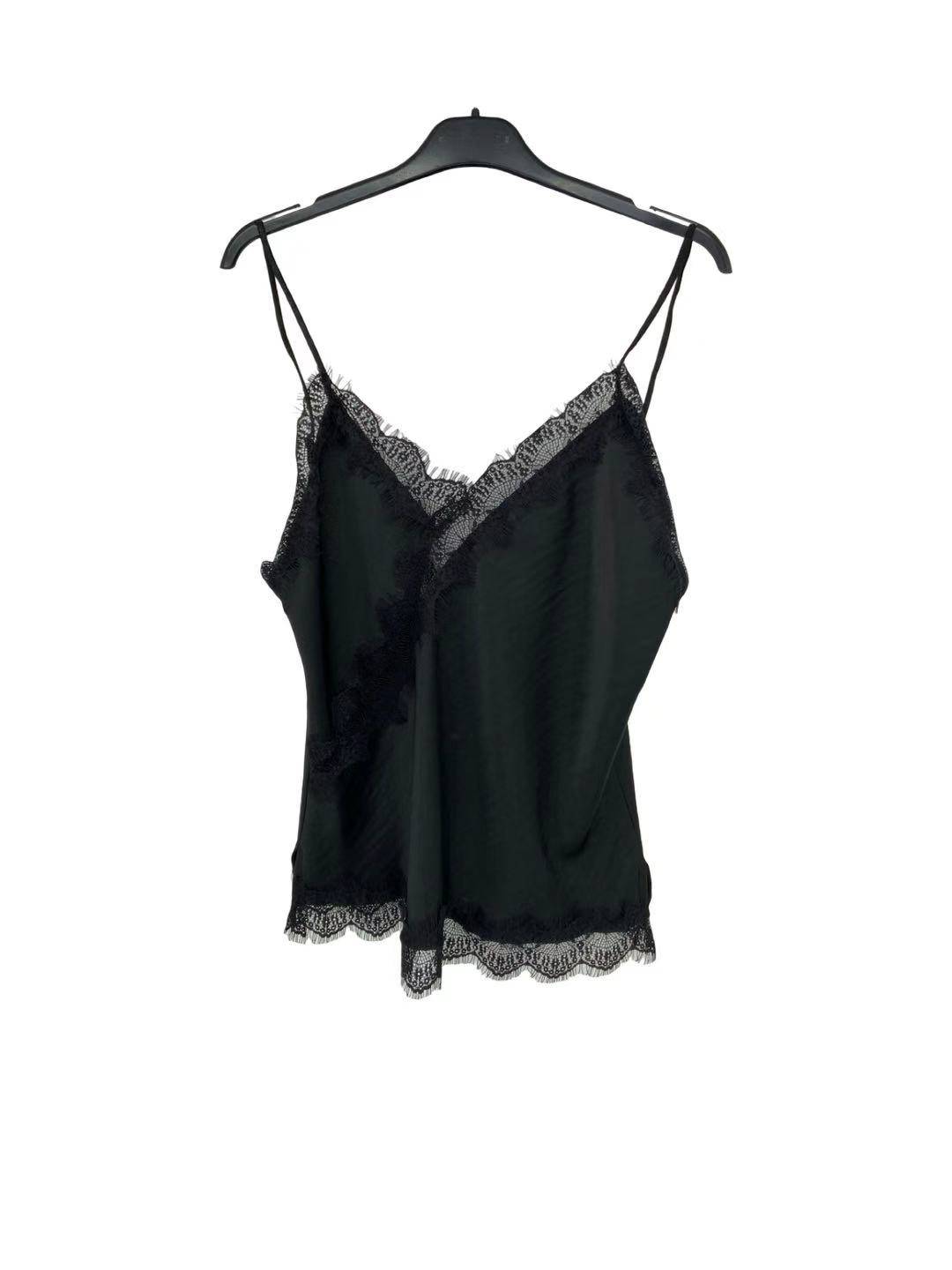 Satin Lace Trim Cami Top - Black